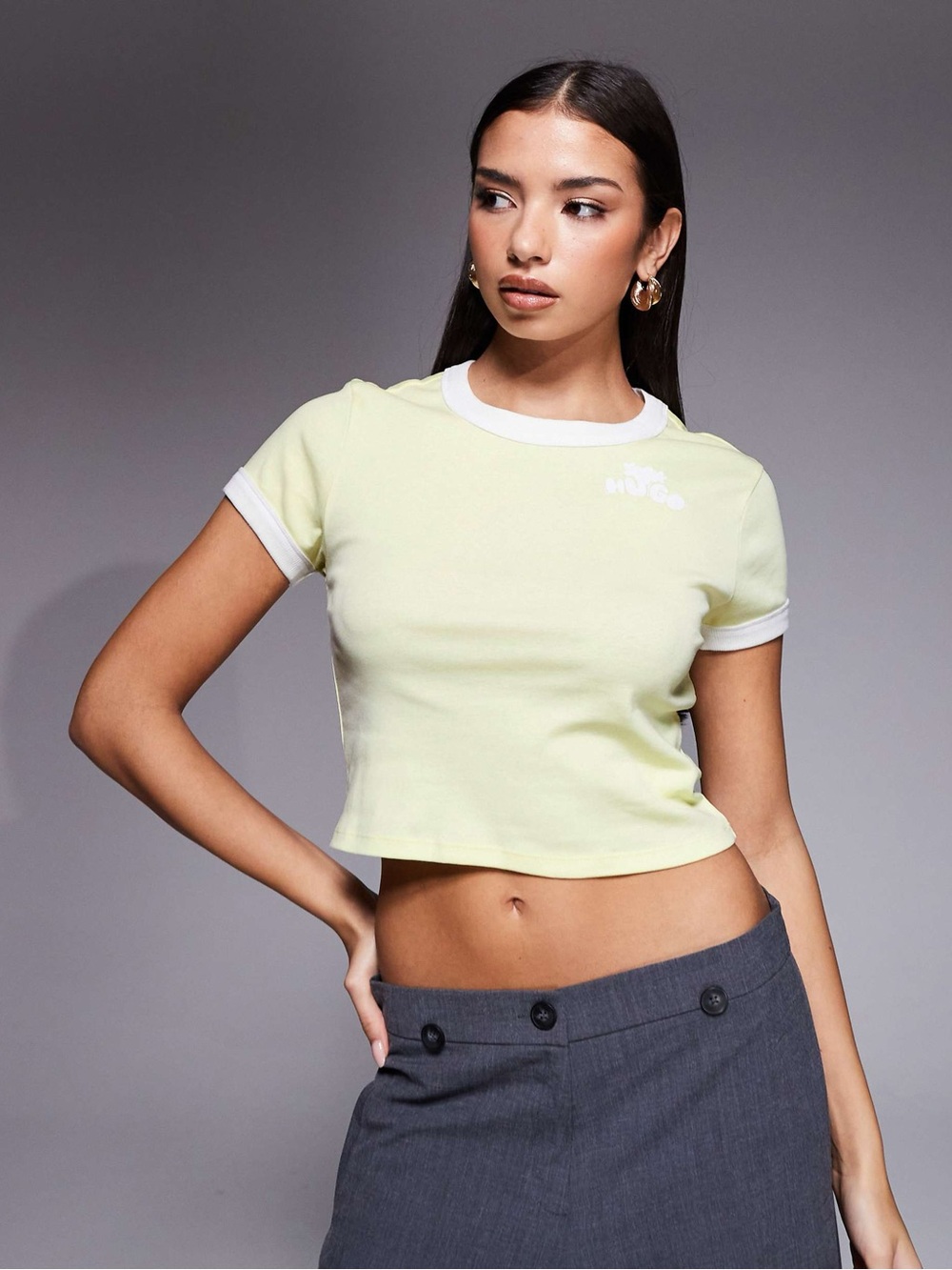 HUGO Pale Yellow Cropped Ringer Tee with White Trim